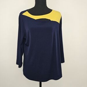 Susan Graver Slinky Stretchy Cut Out Two Tone Navy Yellow 3/4 Sleeve Top Shirt